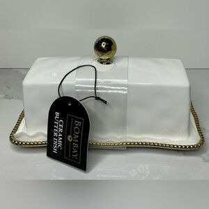Butter Dish Elegant Baroque Collection Lidded White & Gold Ceramic 7" New